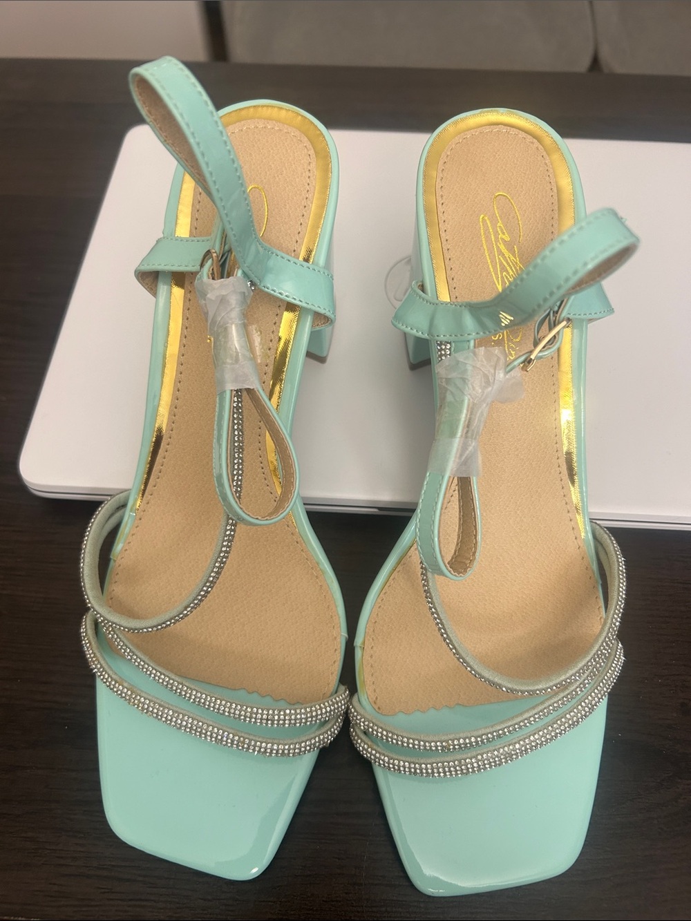 Mint Green Crystal-Trim Ankle-Strap Heels